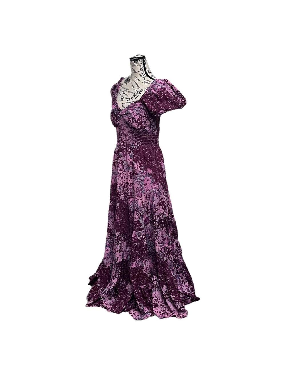 Free People Sundrenched Floral Maxi Dress XL Purple Pink Puff Sleeve Boho Hippie - Picture 3 of 10